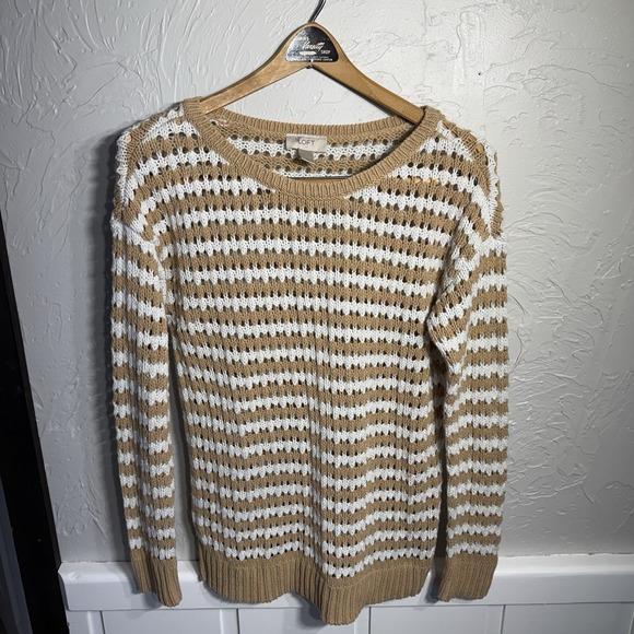 Ann Taylor Loft Sweaters - Loft Sweater WM Tan/white Stripe Open Knit Long Sleeve Chic Artisanal Classic